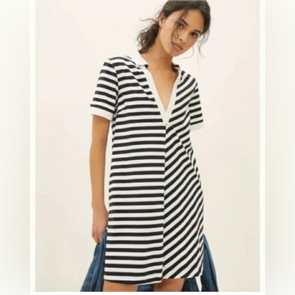 ANTHROPOLOGIE Maeve black and white striped Polo mini dress S EUC